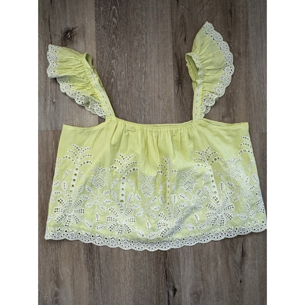 Cottagecore Eyelet Blouse XL Yellow Embroidered Flutter Sleeve Top - Picture 5 of 7